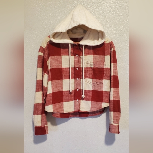 American Eagle Red & Cream Cotton Hooded Plaid Flannel Shirt Shacket Size Small - Picture 5 of 9